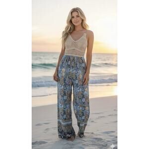 Band of Gypsies | Crochet Top Wide Leg Maxi Jumpsuit | Cream and Blue Sz S